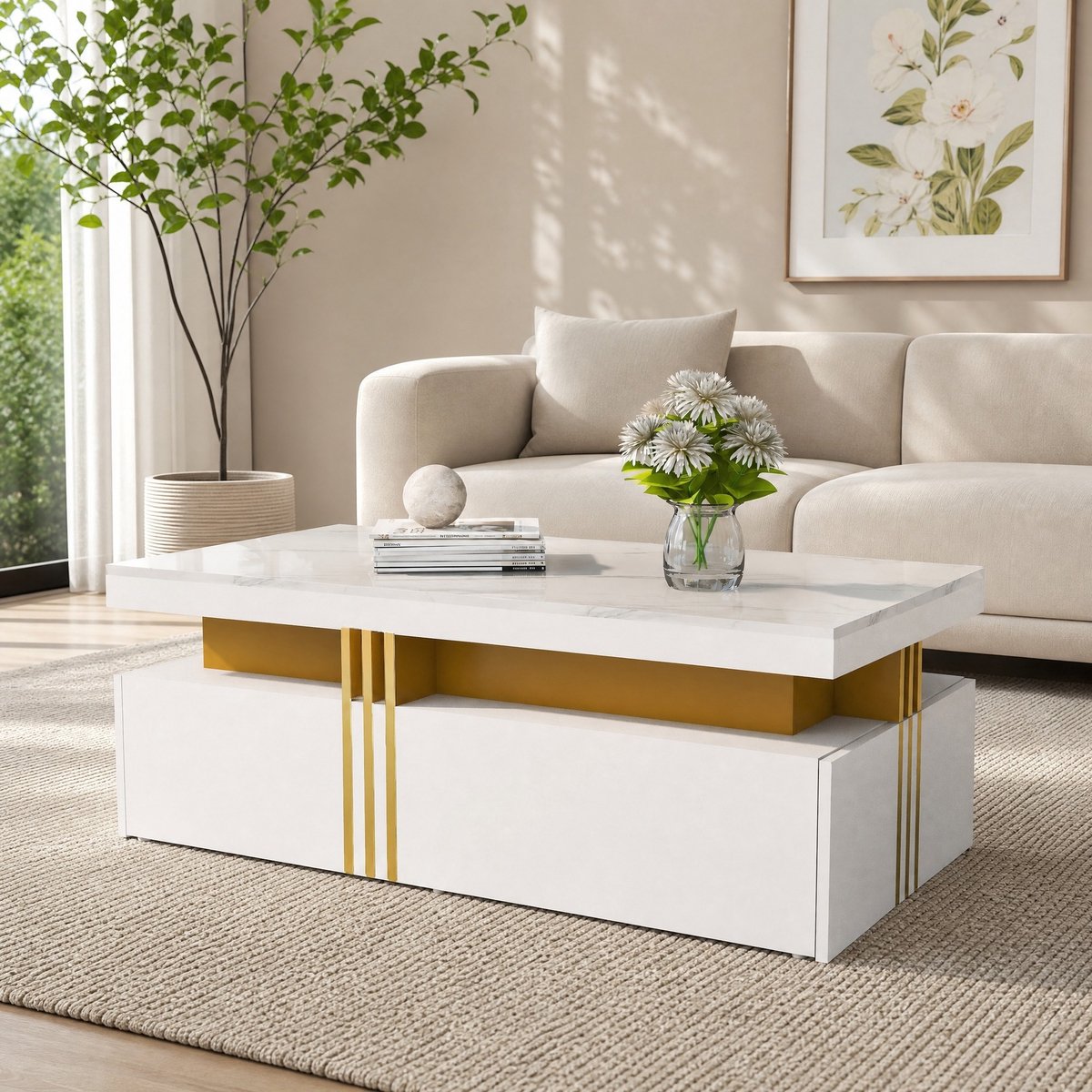 MEUNIQ Rechthoekige salontafel 100 x 50 x 40 cm met hoogglans marmereffect blad, 2 lades en gouden metalen accenten voor woonkamer, wit
