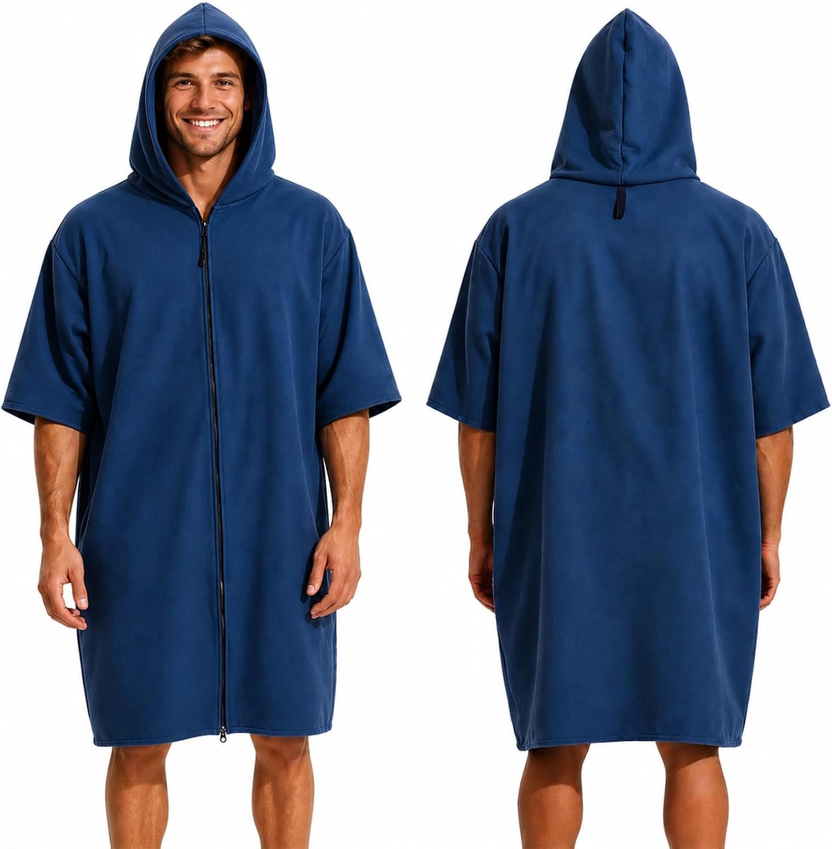 Poncho Handdoek Volwassenen met Ritssluiting, Microvezel Omkleedponcho Sneldrogend Lichtgewicht Surfponcho voor Zwemmen Surfen Duiken Strand, Badponcho voor Dames en Heren 110x78cm (Marineblauw)