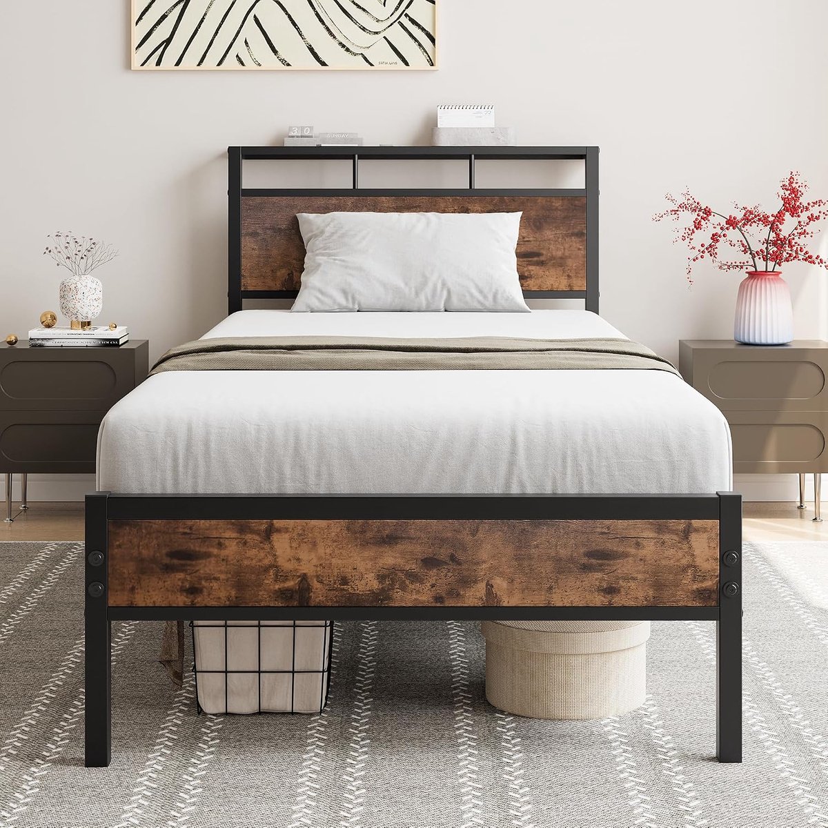 90 x 200, metalen bedframe met houten hoofdeinde en planken, metalen bedframe met lattenbodem, eenpersoonsbedframe, logeerbed, jeugdbed voor slaapkamer, logeerkamer, zwart en bruin