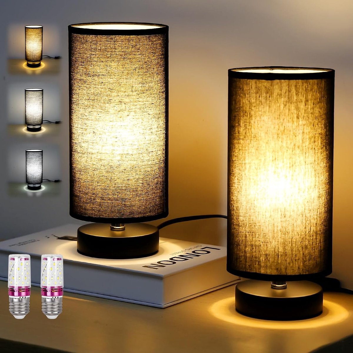 Set van 2 Moderne Tafellampen met E27 Fitting en Draadschakelaar, Zwarte Nachtlampen voor Slaapkamer, Woonkamer en Kantoor (Inclusief Gloeilamp)
