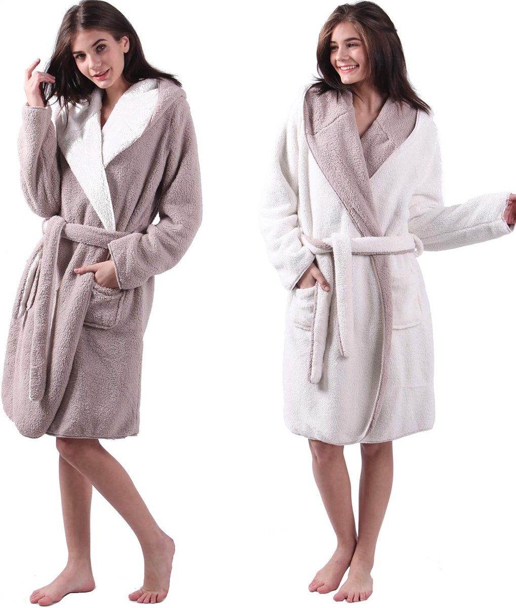 Sherpa Omkeerbare badjas met lamsvacht-look voor dames en heren, met capuchon, ochtendjas, huisjas L