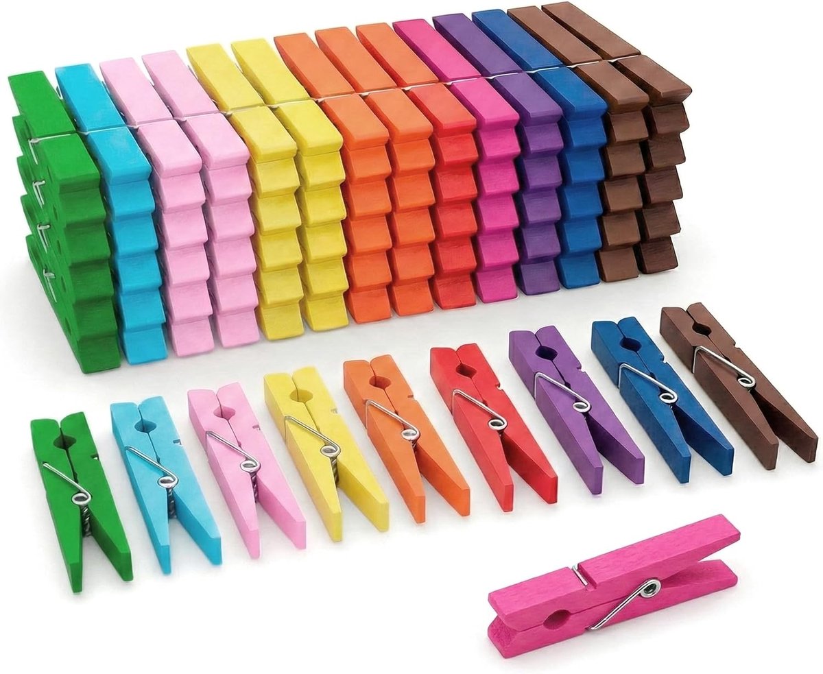 Wasknijpers van hout, 7,5 cm, 50 stuks, roestvrije veer