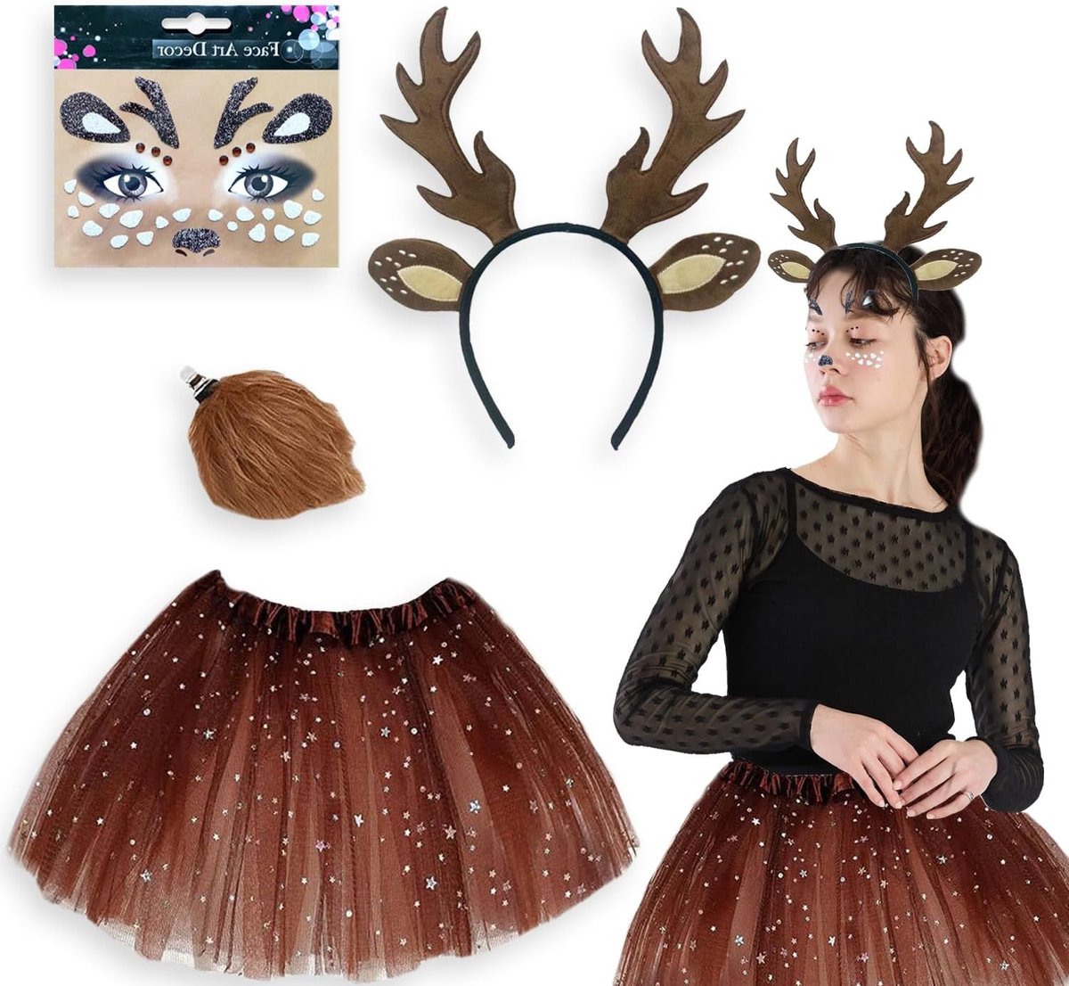 Rendierkostuum voor dames, hertenkostuum voor meisjes, met gewei, haarband en gezichtsstickers, reekalt, hert, voor cosplay, carnaval