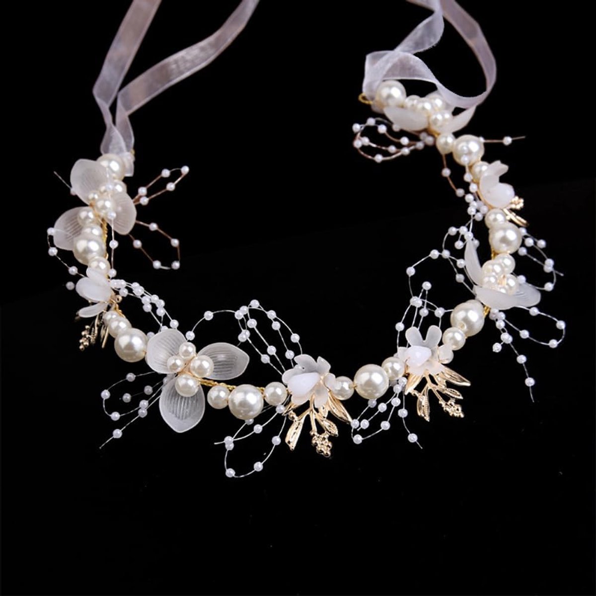 Bloemen en parels, strass, bloemenkrans, haaraccessoires, communie, bruidskrans, haarsieraad, hoofdtooi voor dames en meisjes, bruiloft, verjaardag, feest, wit