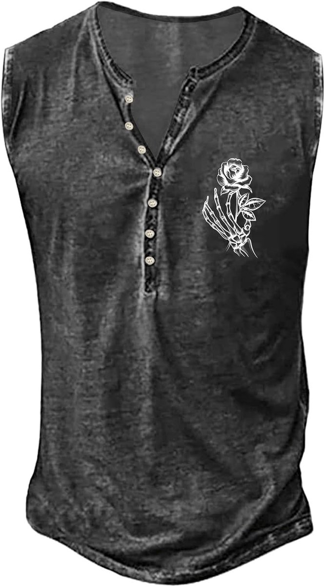 Mouwloos T-shirt voor heren, zomermode, retro, oude basic, knoopsluiting, kleine print, T-shirt, vest