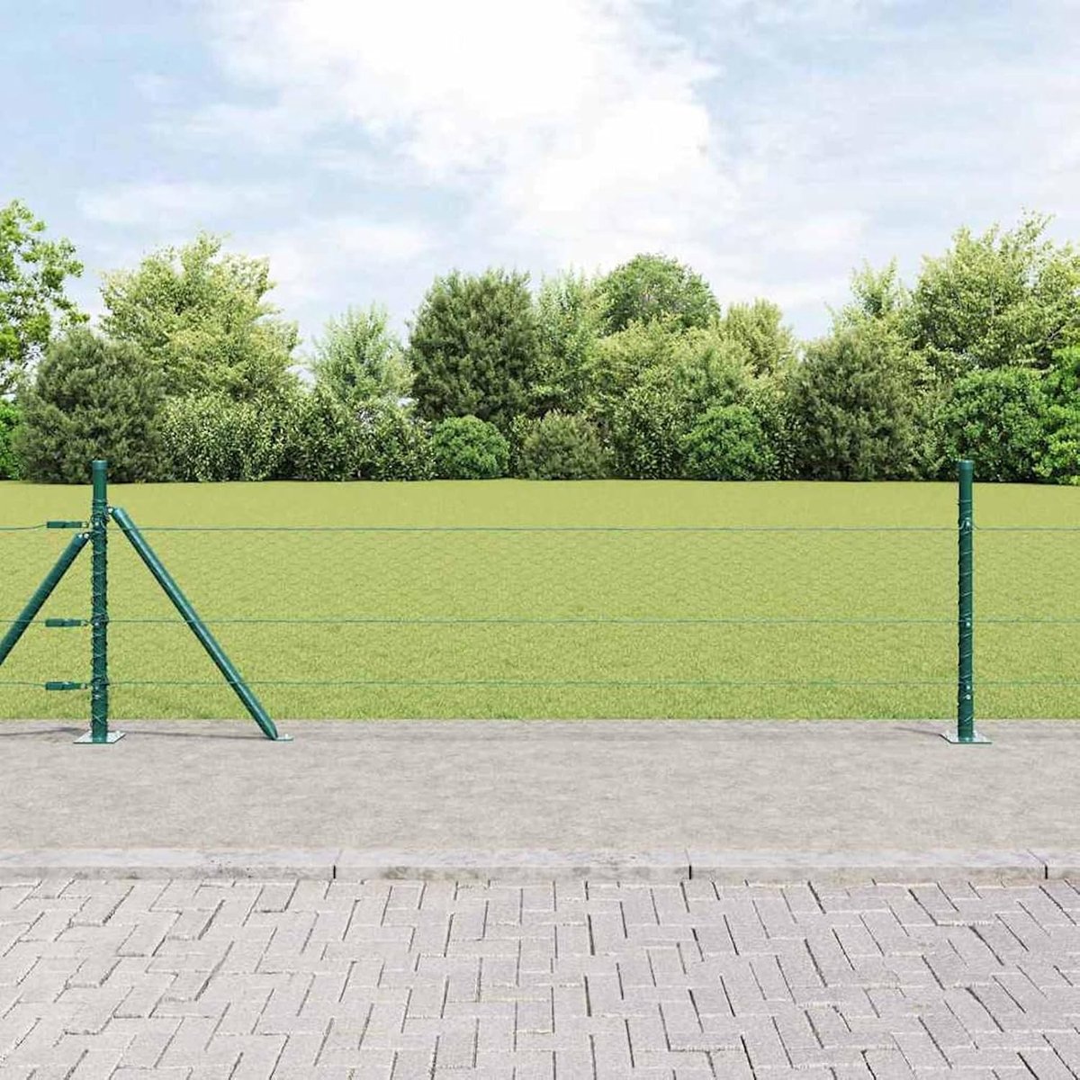 Zeshoekige omheining, groen, 0,4 x 25 m, hekpalen met basisplaten, 13 stuks, Ø 32 mm, 50 cm, verzinkt staal, stabiele stalen palen voor tuinhekken, landbouw, wilgennetten, kippendraad 3353501
