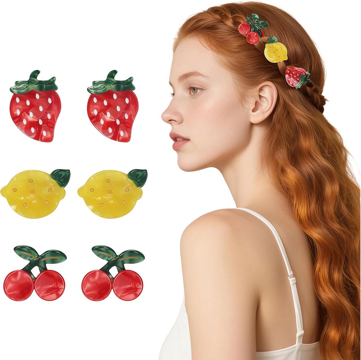 Haarspelden voor Dames: Aardbei, Citroen en Kers Design, Kleine Haarclip met Sterke Grip voor Dik en Dun Haar