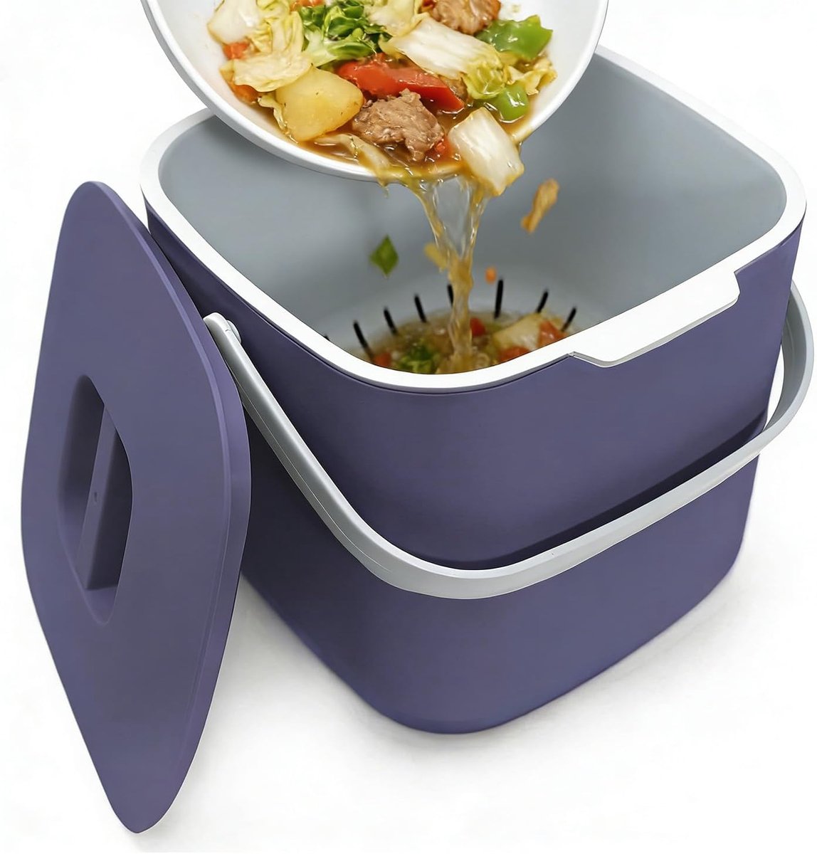 4L bioafvalbak voor in de keuken (klein), compostbak voor in de keuken met zeef, bioafvalbak met deksel, geurvrije bioafvalbak voor dagelijks afval(paars)