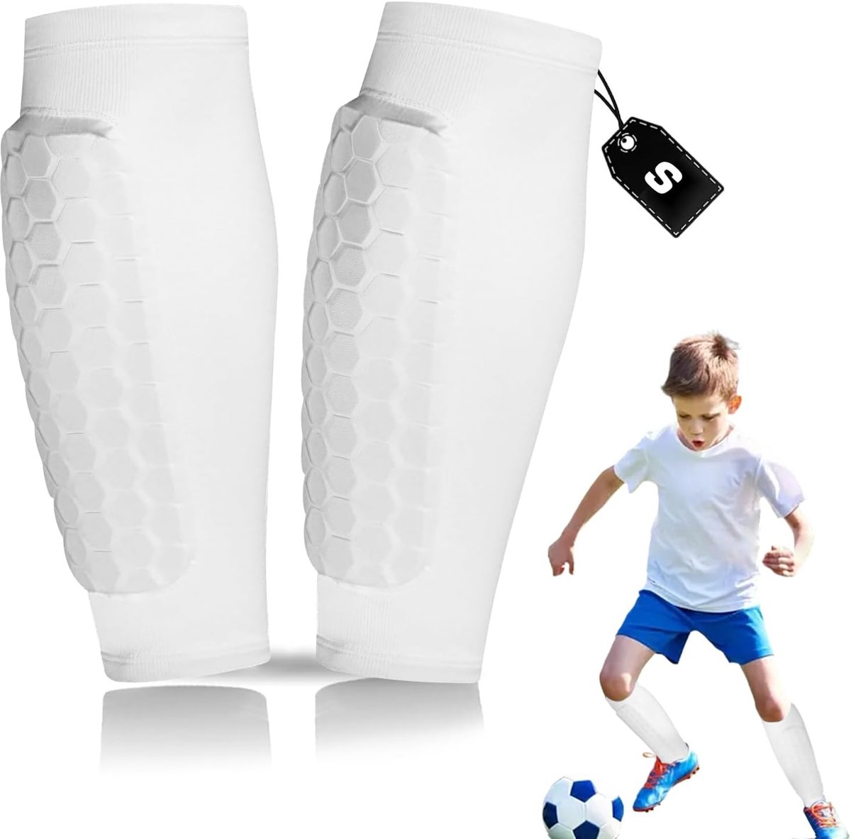 Scheenbeschermers, voetbal, schokbestendig, scheenbeschermers, voetbal heren, antislip en ademend nylon design, elasticiteit shin pads, voetbal voor mannen en vrouwen (wit-S