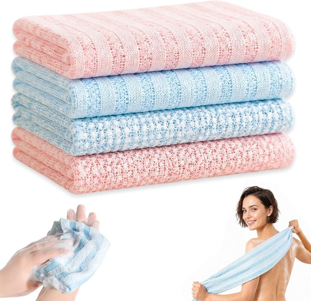 Douchedoek 4 stuks, rugscrubber voor de douche, lange washand, roze blauw rugwastdoek voor lichaamsverzorging