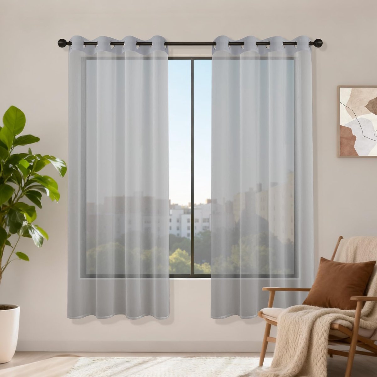 Gordijnen met ogen 2-delig, H 180 x B 120 cm Gordijnen Grijs Transparant, Doorzichtige Gordijnen, Gordijnen met ogen en lussen voor slaapkamer, woonkamer, keuken Sheer Curtains