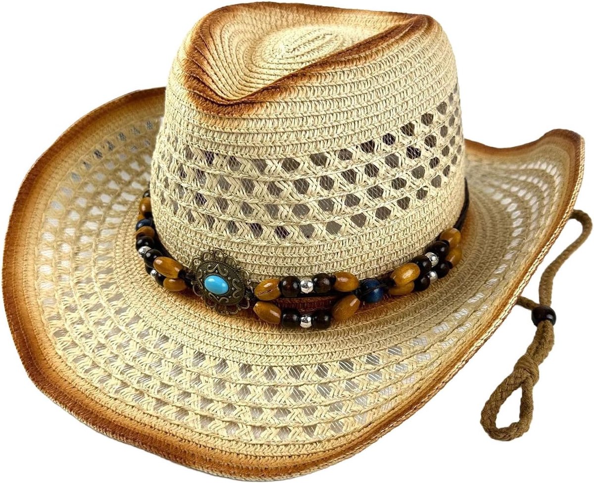 Cowboyhoed voor dames en heren, stijlvolle hoed met brede rand en parelband, klassieke hoed voor landelijke mode buitenshuis
