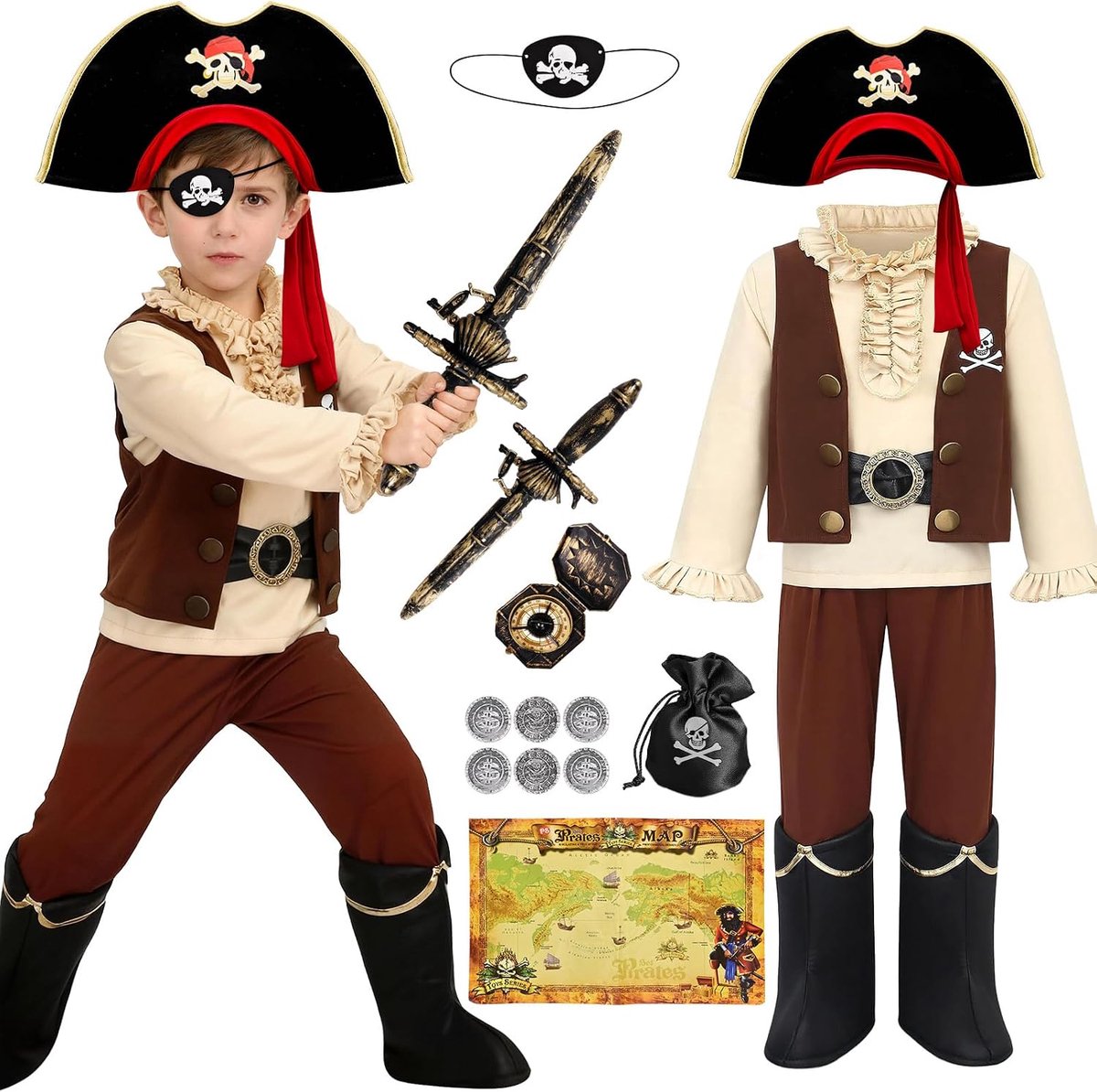 Piratenkostuum voor kinderen, voor carnaval, Halloween, verjaardag, piratenjurk met hoed, riem, kaart, kompas, accessoires en piratenspeelgoed voor kinderen