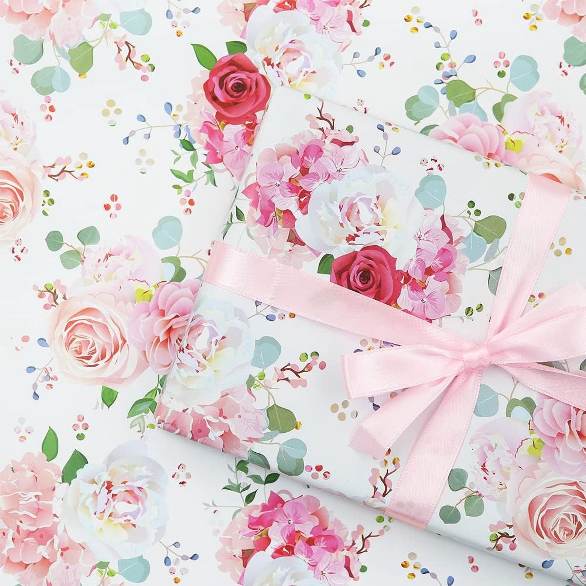 Inpakpapier en lintset voor meisjes vrouwen, 4 vellen roze rode roos bloemen bruidsdouche verloving geschenkverpakking - Moederdag verjaardag verjaardag Valentijnsdag of elke gelegenheid
