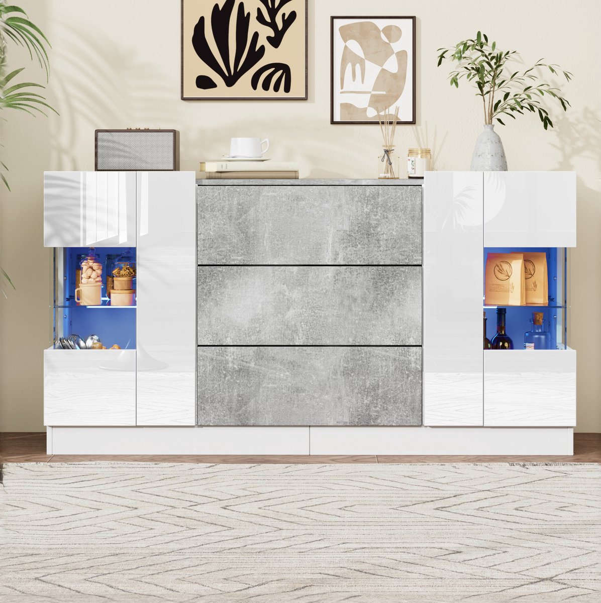 MEUNIQ dressoir 140 x 35 x 75 cm met 2 deuren, 3 lades, glazen elementen en LED-verlichting met 16 kleuren voor woonkamer of eetkamer - wit en grijs marmerlook