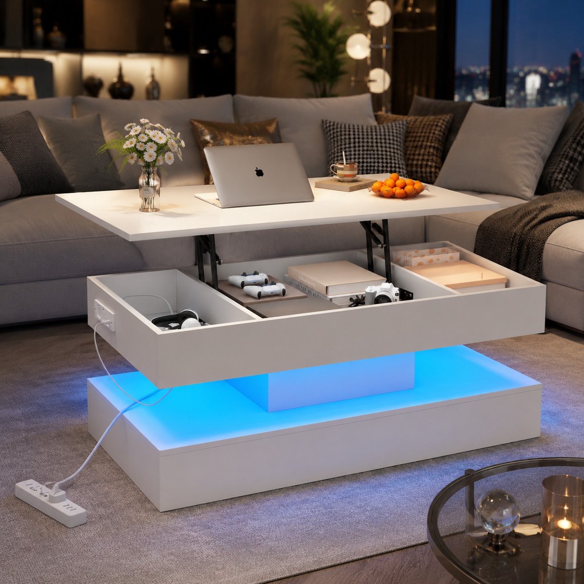 MEUNIQ Salontafel 100 x 50 x 42 cm met hydraulisch verstelbaar blad, verborgen opbergruimte, app-bedienbare ledverlichting en stopcontacten, woonkamer, wit