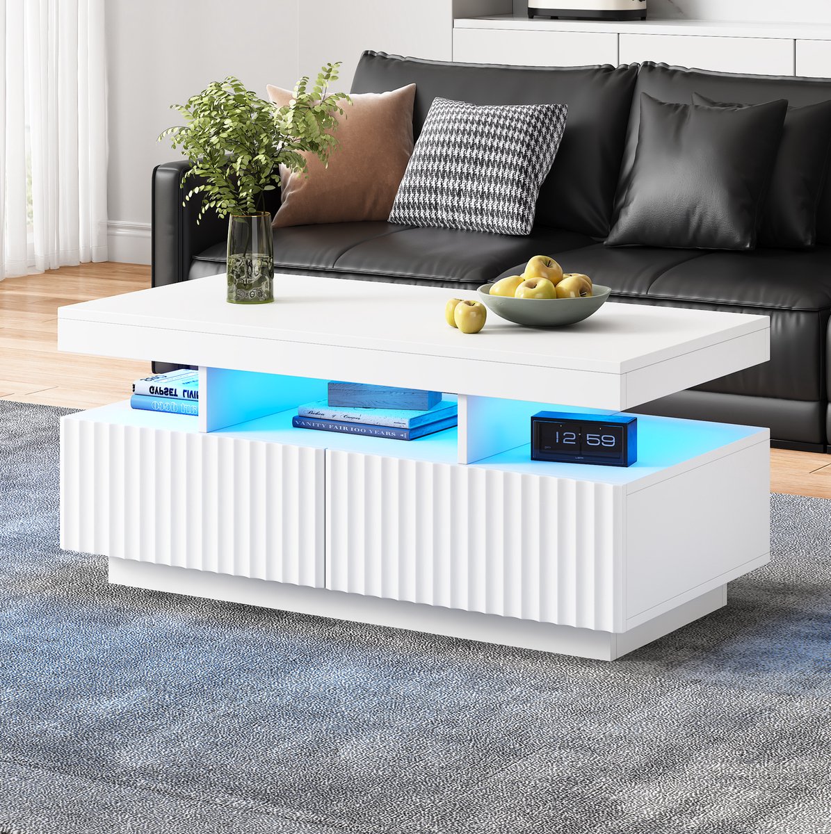 MEUNIQ Salontafel 100 x 50 x 45 cm met 2 lades, open vak en app-bedienbare LED-verlichting – witte rechthoekige woonkamer tafel van spaanplaat