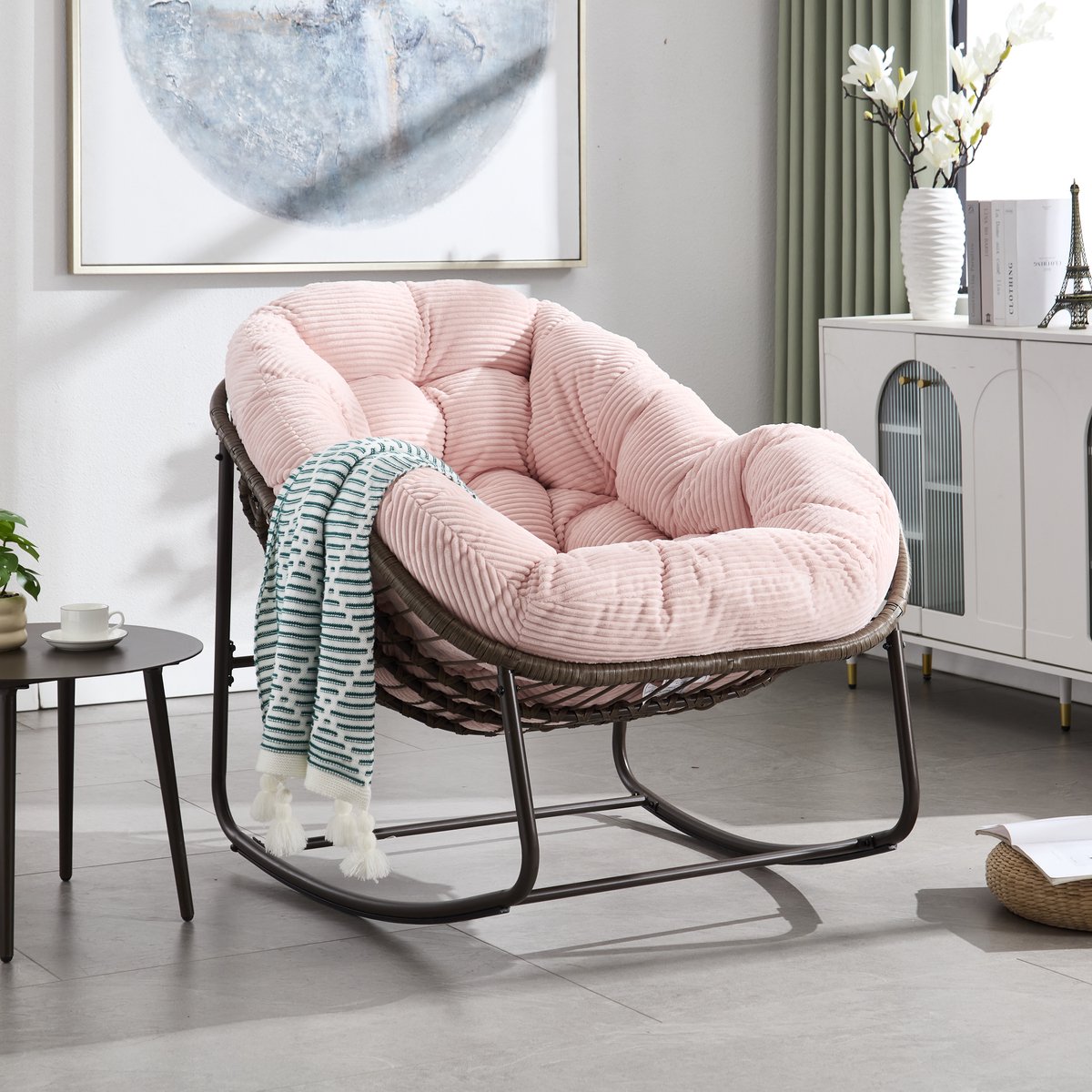MEUNIQ Schommelstoel van synthetisch rotan met kussen, stalen frame, 106 x 90 x 78 cm, 113 kg, voor woonkamer, terras en tuin, roze