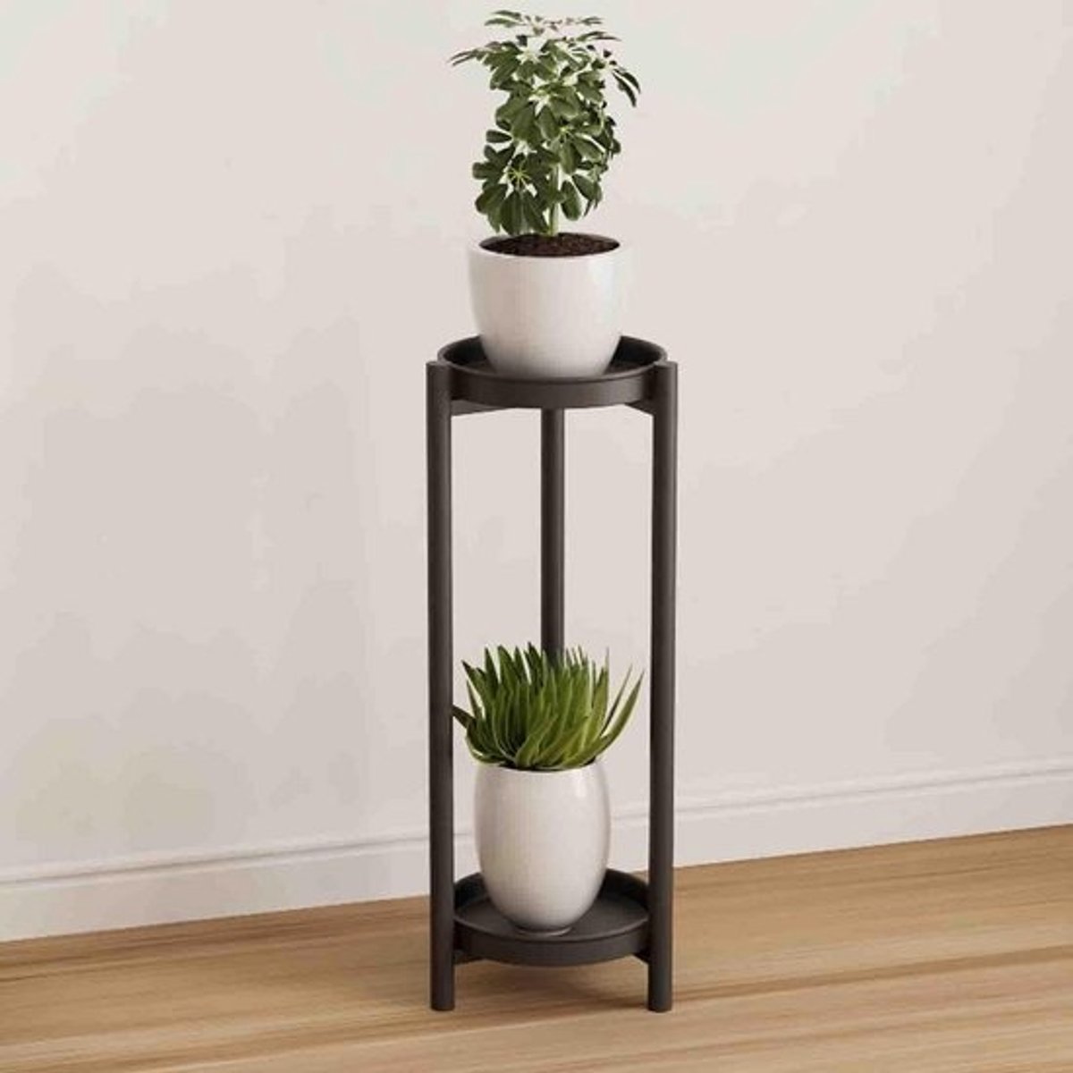 Bijzettafel Met Twee Plateaus - Plantenstandaard - Decoratie Presenteren - Afneembare Plateaus - 59 cm Hoog - Zwart