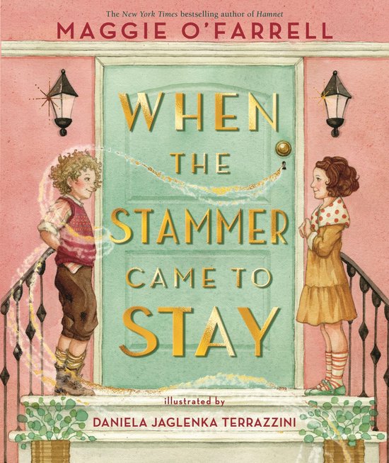 Boekomslag met de titel "When the Stammer Came to Stay" van Maggie O'Farrell. Twee kinderen staan bij een mintgroene deur.