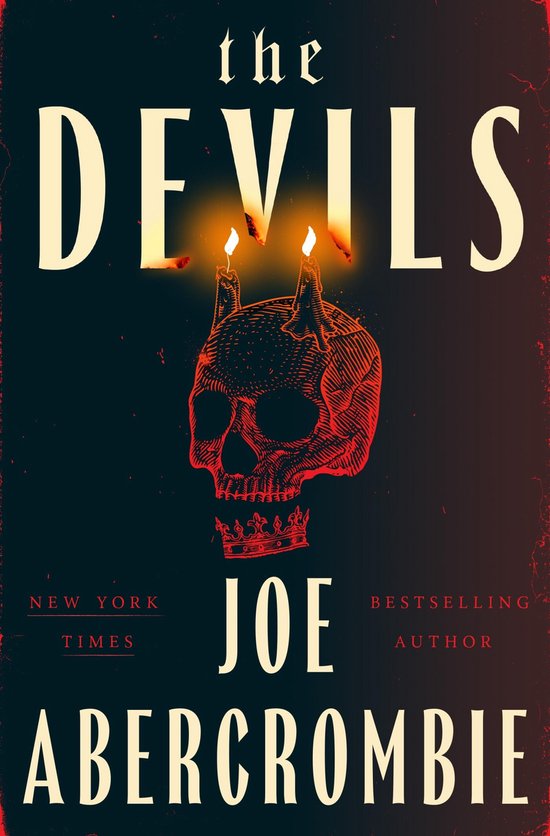 Boek 'The Devils' van Joe Abercrombie met een demonen-schedel met brandende kaarsen en een kroon.