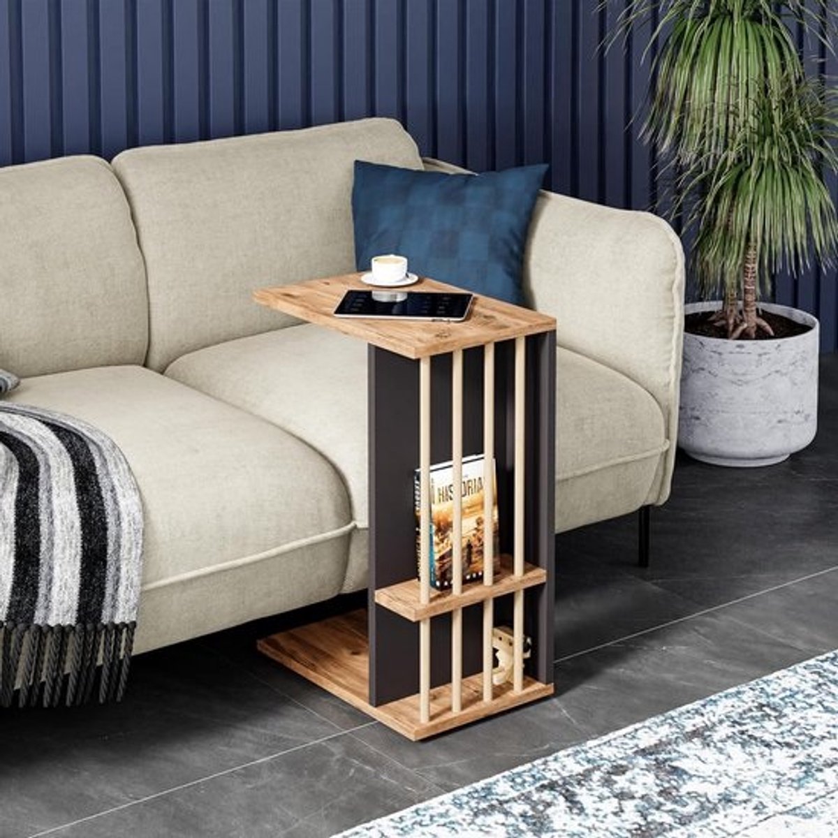 Bijzettafel met wielen - Rechthoekige laptoptafel en opbergtafel, houtkleurig en zwart