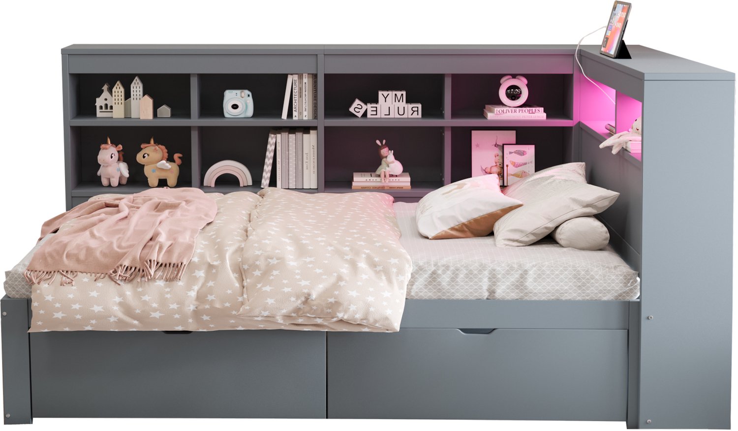 MUVANO Eenpersoonsbed 90 x 200 cm - massief houten bedbank met opbergruimte - USB-aansluiting en kleurwisselende ledverlichting - grijs