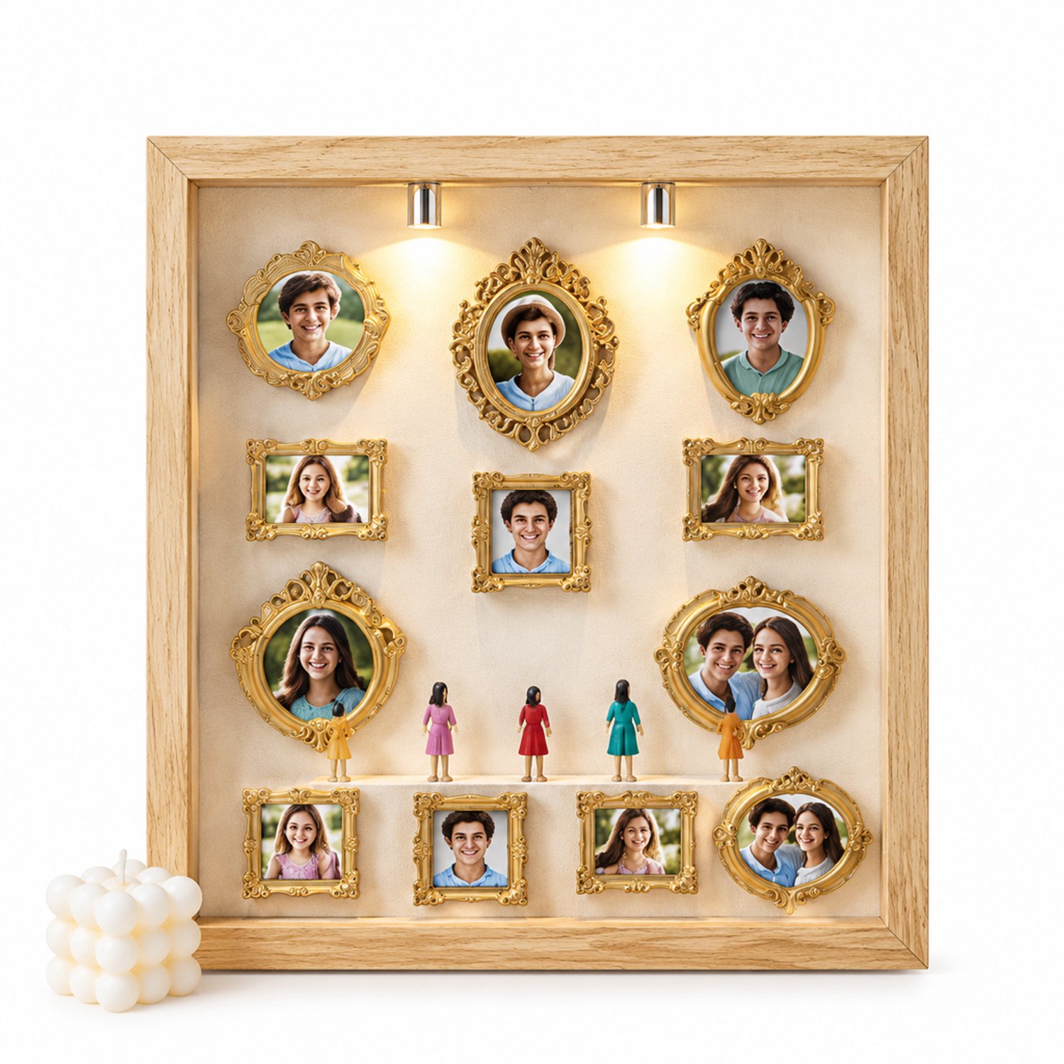 SWGOTA Zwarte vierkante MDF-displaylijst met 2 lampjes - Binnenmaat 17,8 x 17,8 x 3 cm - Voor tafeldecoratie en miniaturen