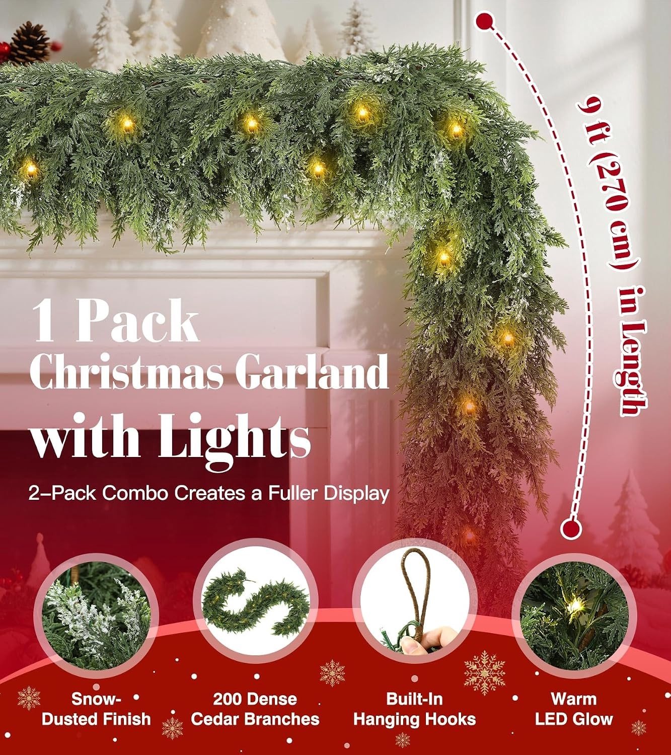 Kerstguirlande met Verlichting, 2,7 Meter LED Cedar Guirlande Versiering voor Feestdagen – foto 2