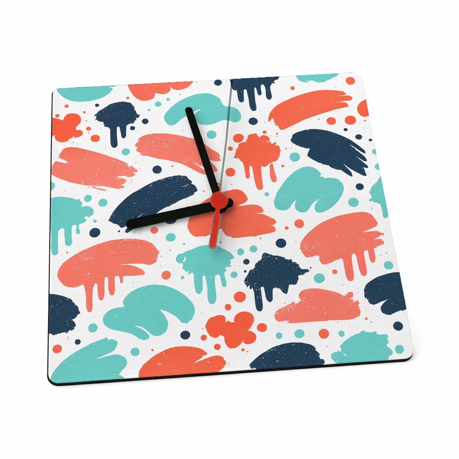 Mr Cadeautjes Klok 19 x 19 - design Energiek botanisch patroon met verfspatten en losse bladeren | cadeau Wit