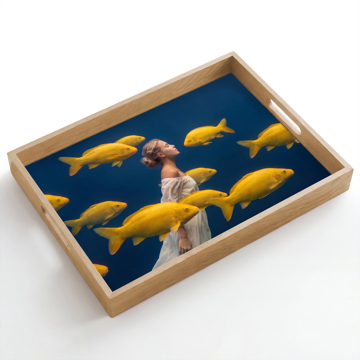 Dienblad hout 50x35 cm - Schootdienblad - Vrouw - Vis - Water - Natuur - Geel - Borrelplank rechthoek - Plateau dienbladen