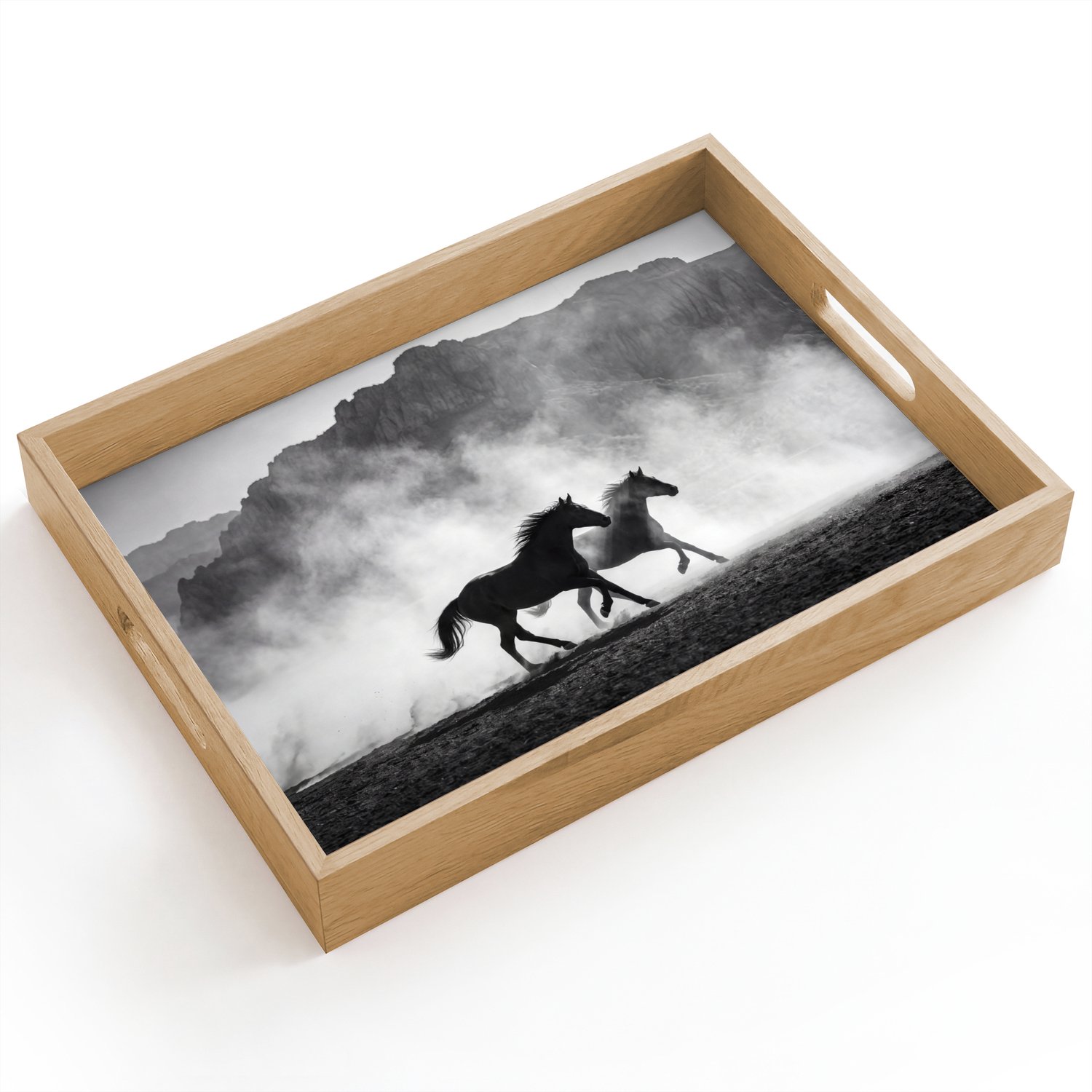 Dienblad hout 40x30 cm - Schootdienblad - Paard - Ren - Stof - Zwart-wit - Dieren - Borrelplank rechthoek - Plateau dienbladen