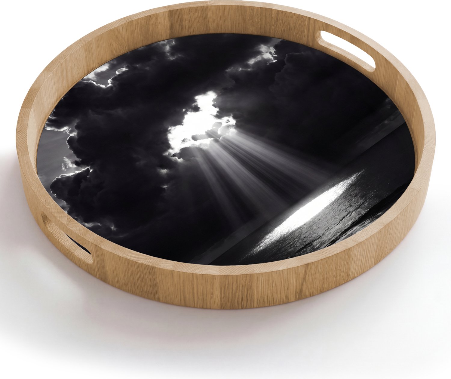 Dienblad rond 50x50 cm - Schootdienblad hout - Licht - Wolken - Zee - Zwart-wit - Natuur - Borrelplank rechthoek - Plateau houten dienbladen