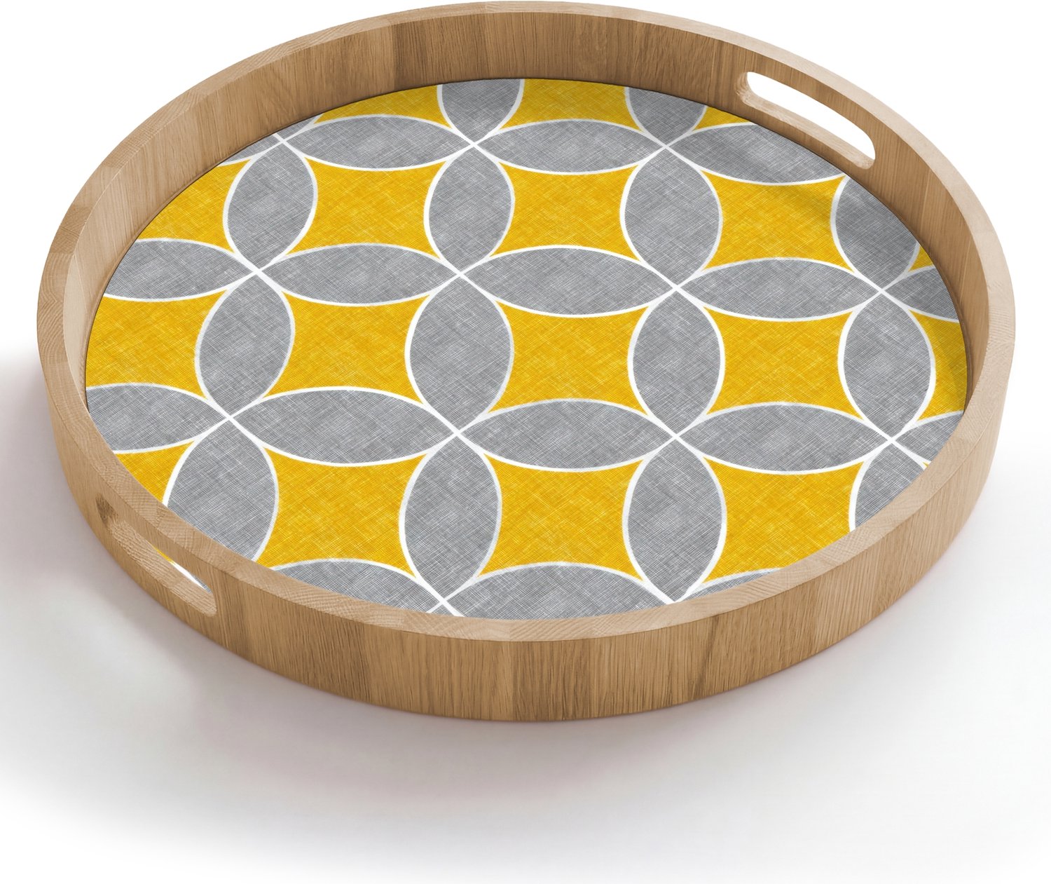 Dienblad rond 50x50 cm - Schootdienblad hout - Geometrisch - Cirkels - Textuur - Grijs - Geel - Borrelplank rechthoek - Plateau houten dienbladen