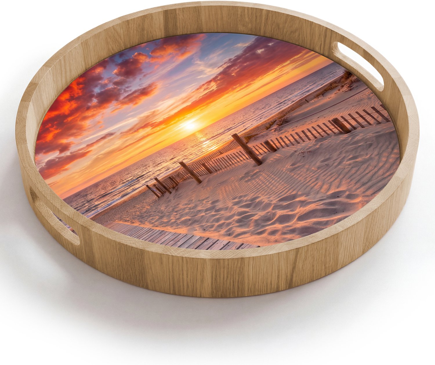 Dienblad rond 40x40 cm - Schootdienblad hout - Strand - Zonsondergang - Zee - Natuur - Oranje - Borrelplank rechthoek - Plateau houten dienbladen