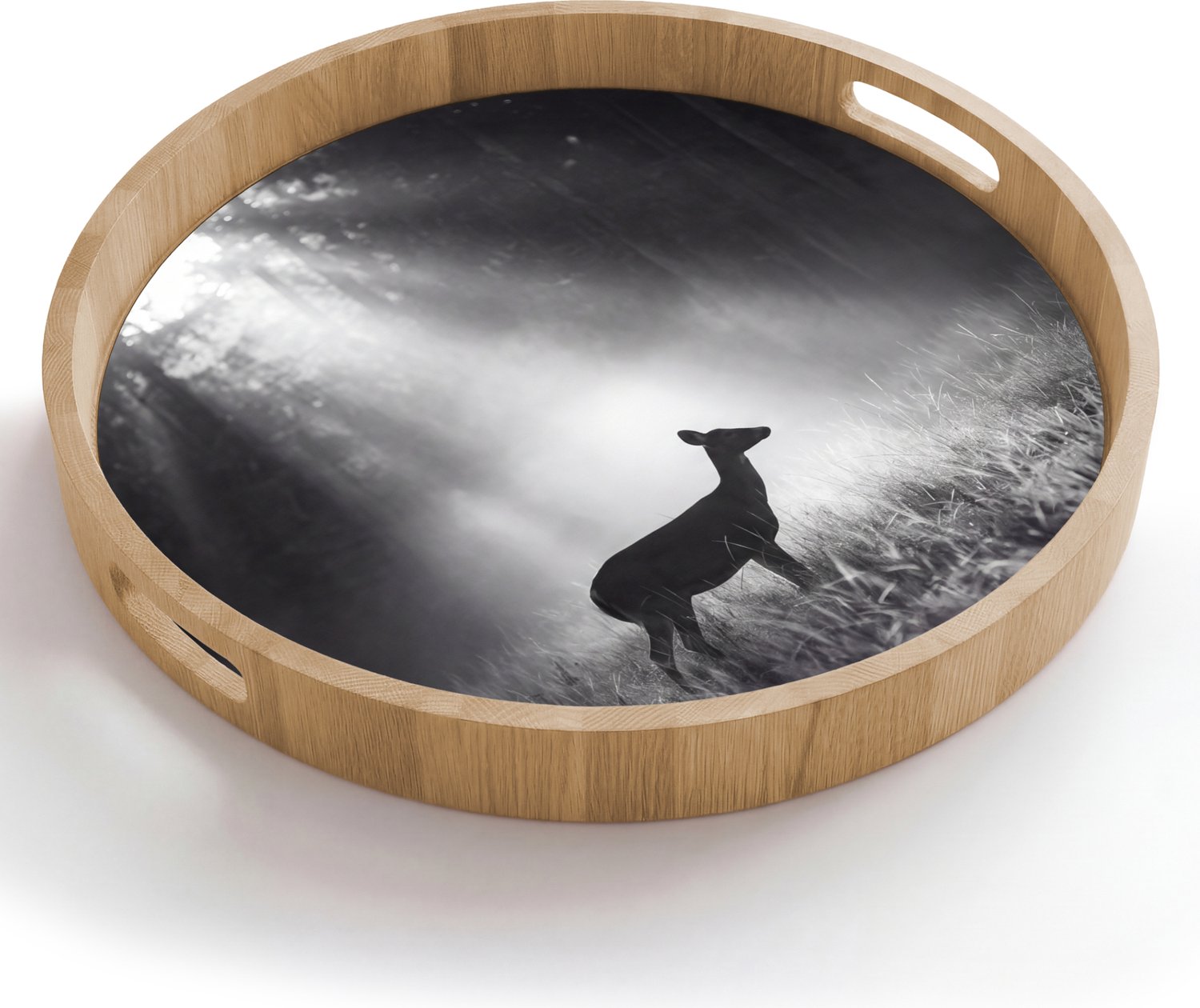 Dienblad rond 50x50 cm - Schootdienblad hout - Hert - Bos - Zonnestralen - Zwart-wit - Natuur - Borrelplank rechthoek - Plateau houten dienbladen