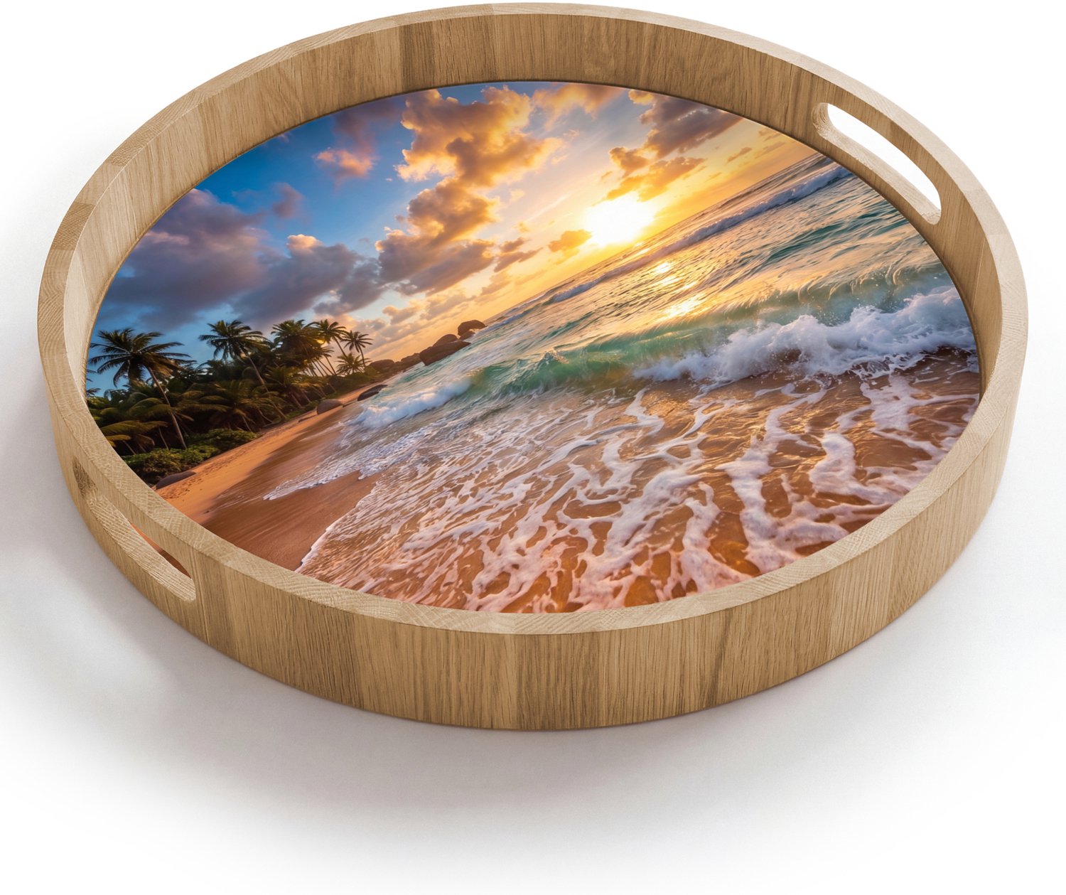 Dienblad rond 40x40 cm - Schootdienblad hout - Strand - Zonsondergang - Golven - Natuur - Goud - Borrelplank rechthoek - Plateau houten dienbladen