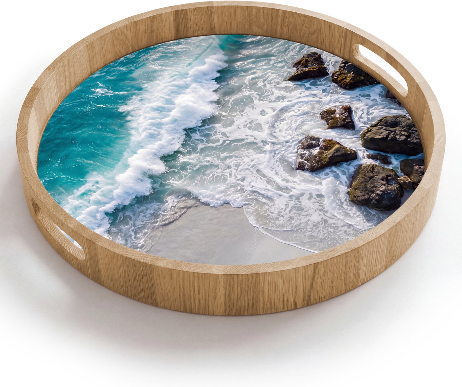 Dienblad rond 40x40 cm - Schootdienblad hout - Zee - Golf - Strand - Natuur - Blauw - Borrelplank rechthoek - Plateau houten dienbladen