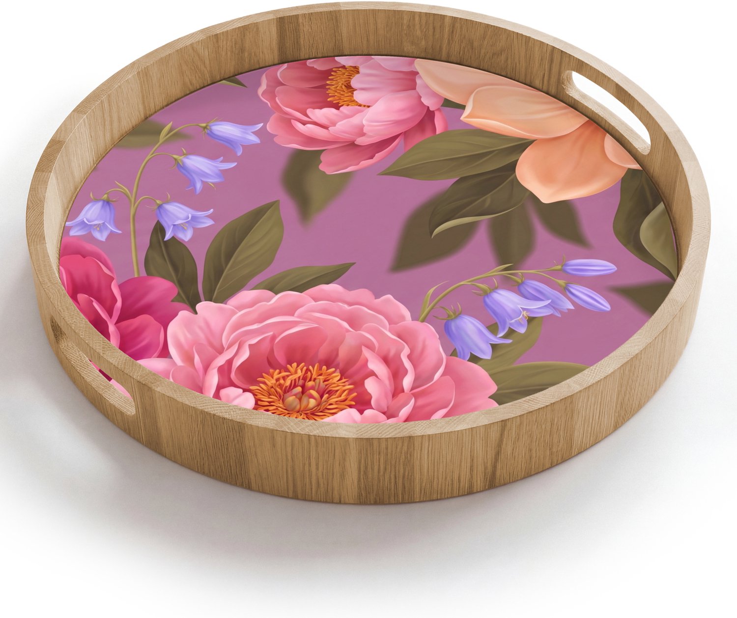 Dienblad rond 40x40 cm - Schootdienblad hout - Bloemen - Patroon - Illustratie - Roze - Borrelplank rechthoek - Plateau houten dienbladen