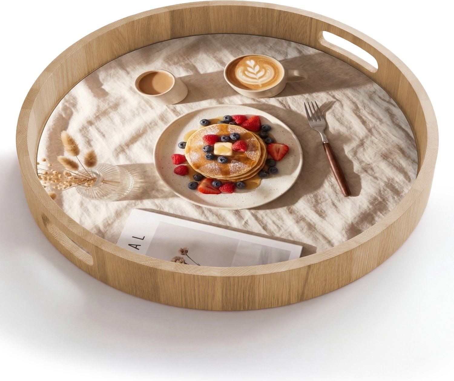 Dienblad rond 50x50 cm - Schootdienblad hout - Pannenkoeken - Bessen - Ontbijt - Modern - Beige - Borrelplank rechthoek - Plateau houten dienbladen