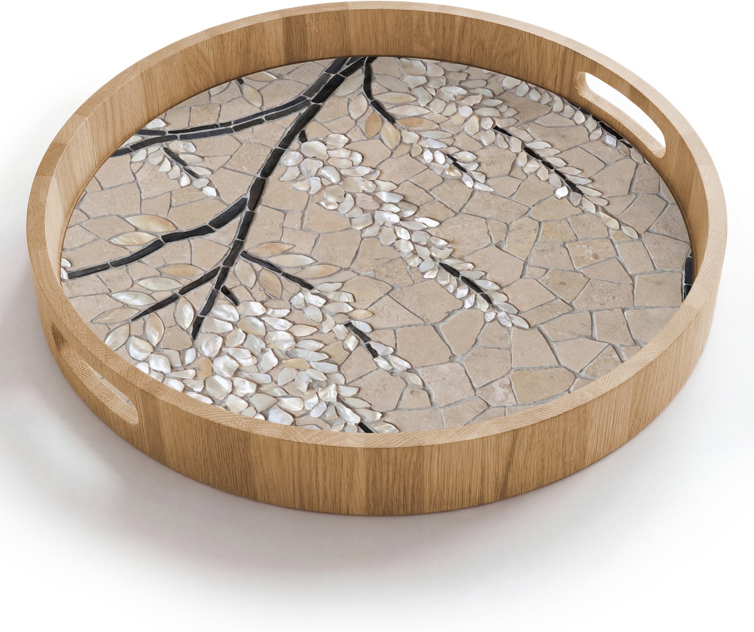 Dienblad rond 40x40 cm - Schootdienblad hout - Boom - Bloemen - Mozaïek - Kunst - Wit - Borrelplank rechthoek - Plateau houten dienbladen