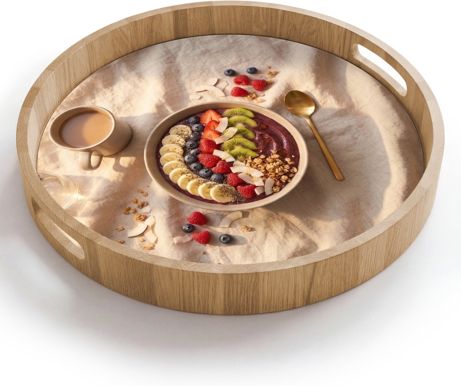 Dienblad rond 40x40 cm - Schootdienblad hout - Eten - Ontbijtkom - Fruit - Gezond - Kleurrijk - Borrelplank rechthoek - Plateau houten dienbladen