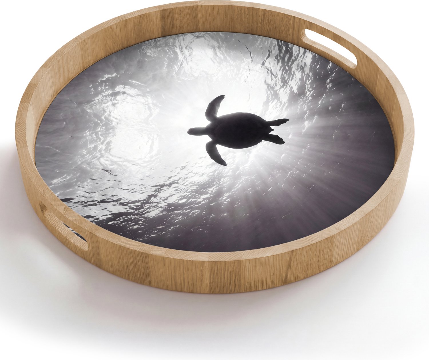 Dienblad rond 50x50 cm - Schootdienblad hout - Schildpad - Onderwater - Lichtstralen - Oceaan - Zwart-wit - Borrelplank rechthoek - Plateau houten dienbladen