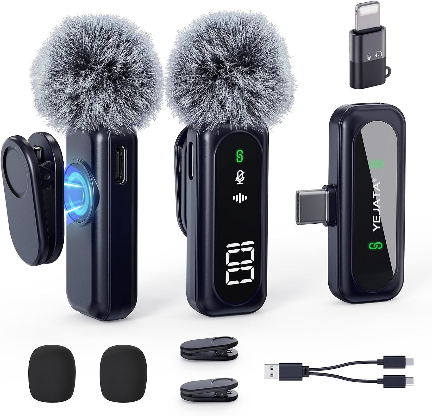Draadloze Lavalier Microfoon - Zwart - Geen specifieke maat - Digitale Batterijweergave - Voor iPhone, Android, PC en Tablet
