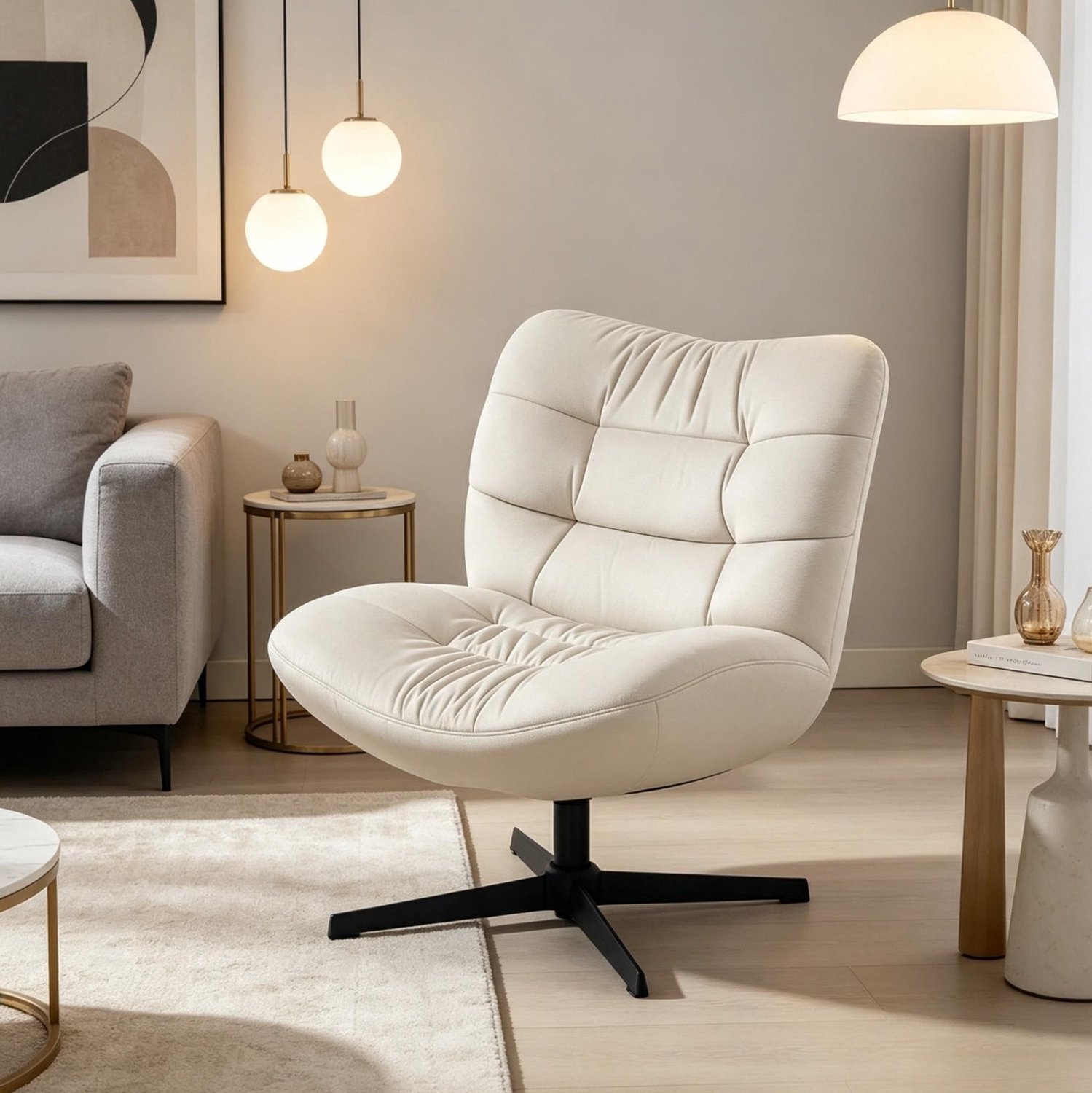 DESMIU Fauteuil – Draaibaar – 70 x 80 x 82 cm – Chenille en Staal – Crème – Brede Rugleuning – Voor Lezen en Ontspannen – Zonder Ligfunctie