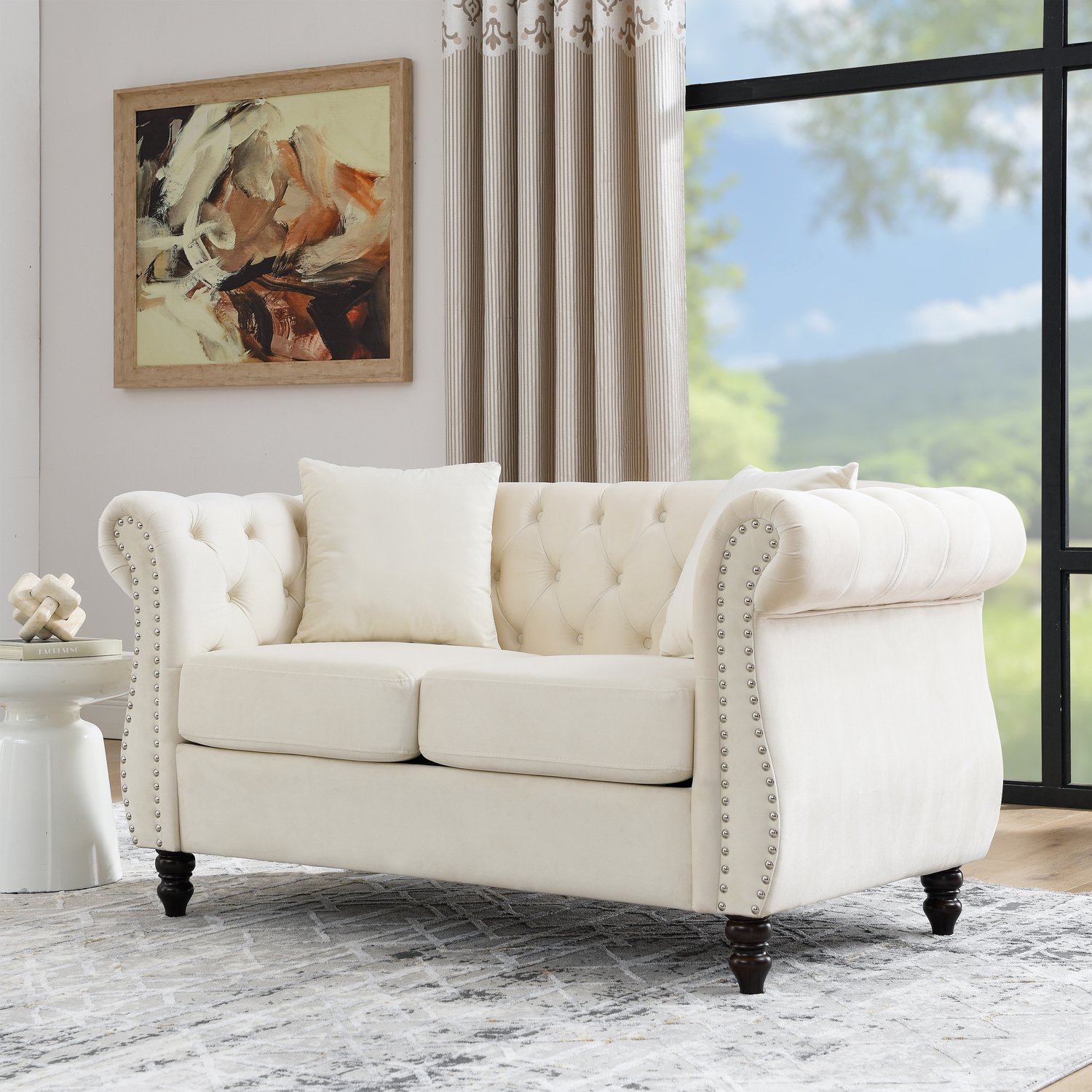 OKWISH Chesterfield Bank 148 x 73,6 x 78 cm - Tweezitsbank met Gecapitonneerde Rugleuning - Woonkamer en Kantoor - Fluweel en Hout - Beige Wit / ivoor
