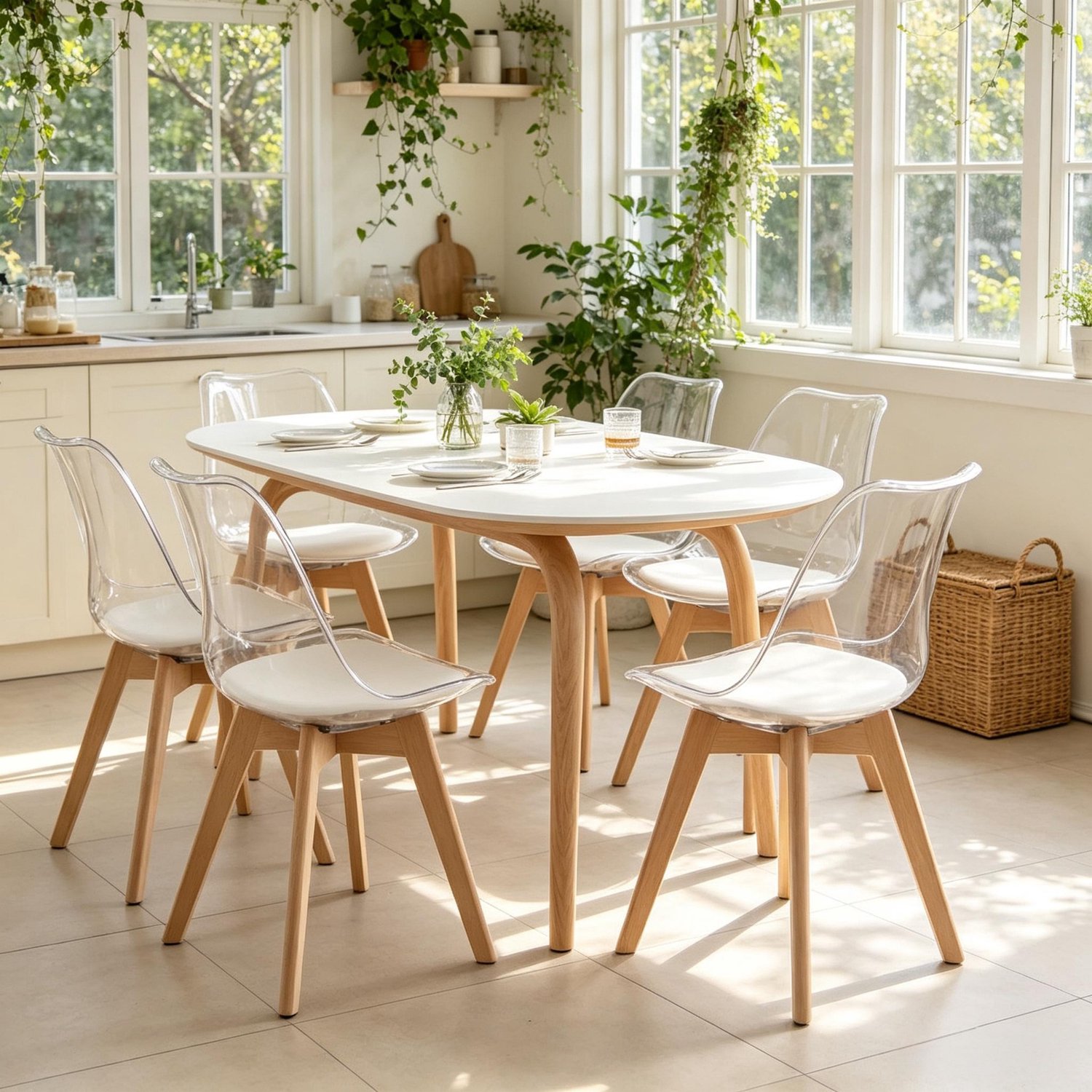 OKWISH Eetkamerstoelen 83 x 49 cm - Set van 6 met Zitkussen en Houten Poten - Voor Eetkamer en Woonkamer - Kunststof en Kunstleer - Wit Wit, transparant, naturel hout