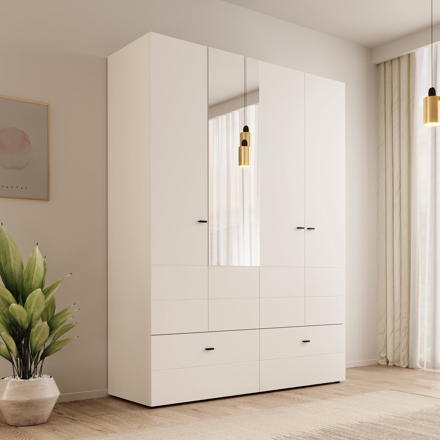 MEUBELLA Nouran - Kledingkast 4-deurs met lades - Wit - 155x52x208 cm