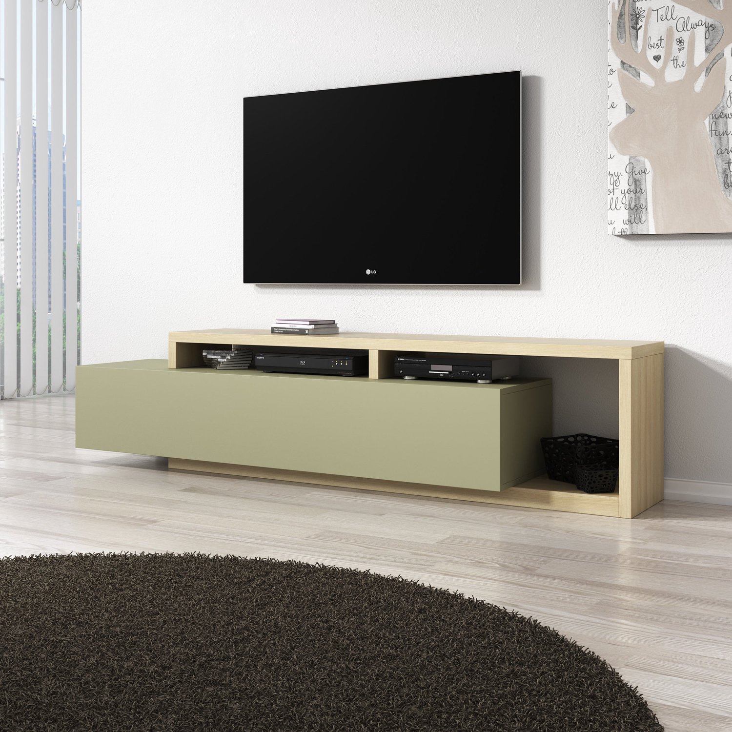 MEUBELLA Bello - TV-Meubel - Groen/Eikenpatroon - 219x45x52 cm Bruin|Groen