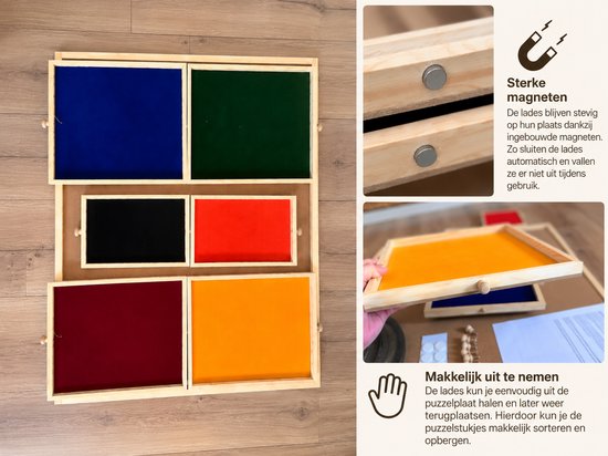 Houten puzzelbord met 6 gekleurde lades, sterke magneten en uittrekbare compartimenten.